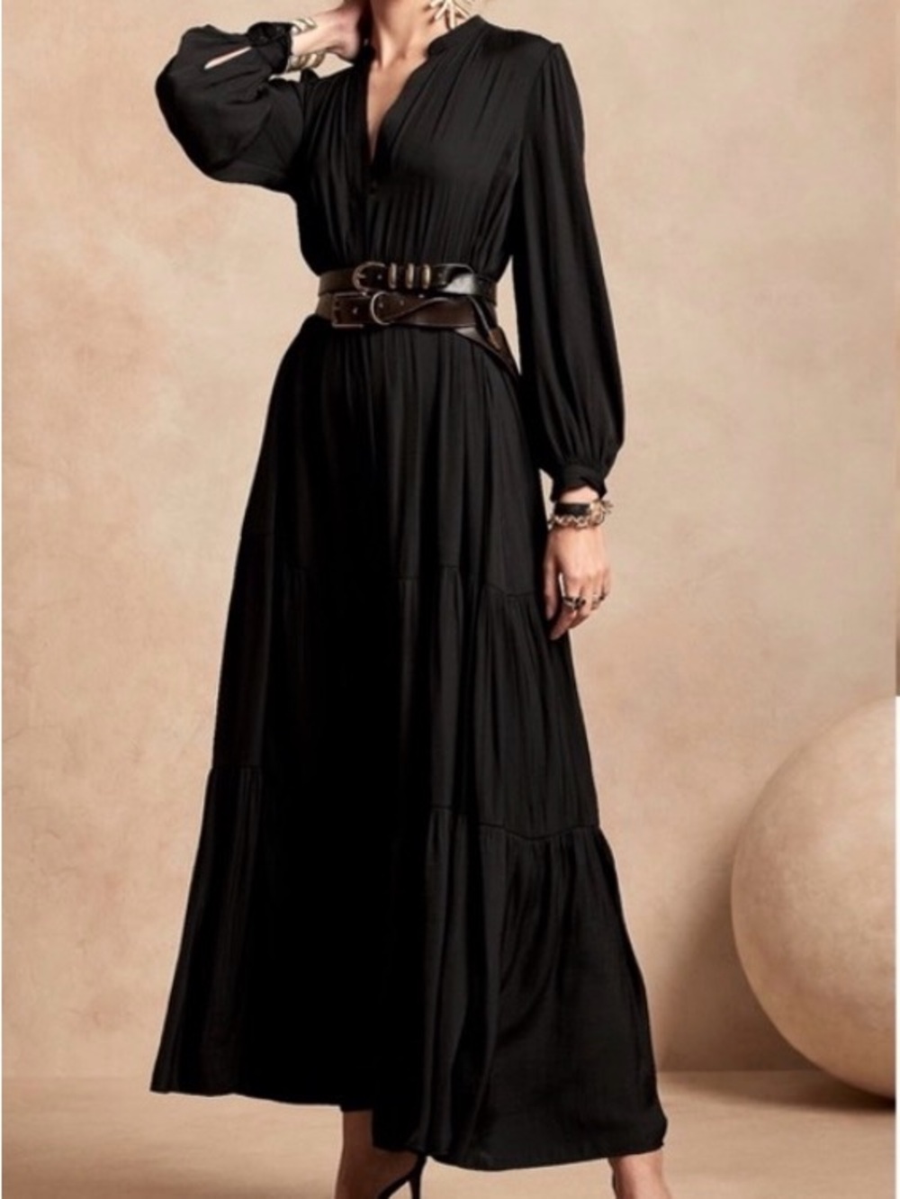 Banana Republic Satin Black Maxi Dress with Long Sleeves